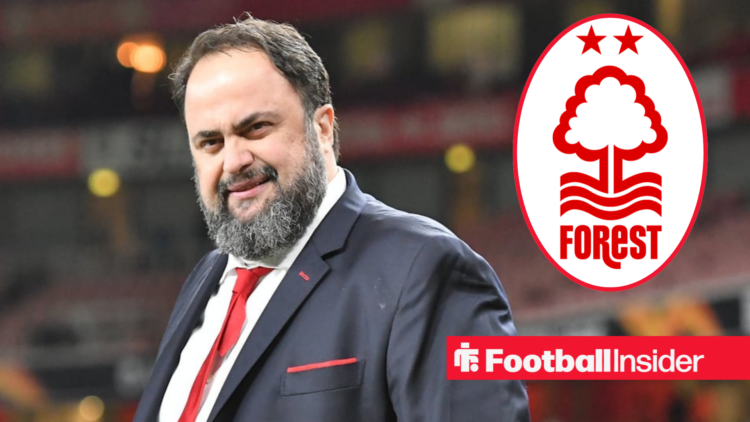 Evangelos Marinakis on the left smiling next to the Nottingham Forest badge