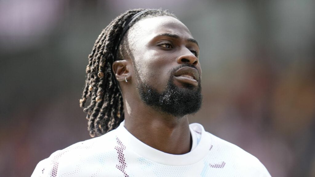 Evann Guessand during Aston Villa's warmup for a Premier League game