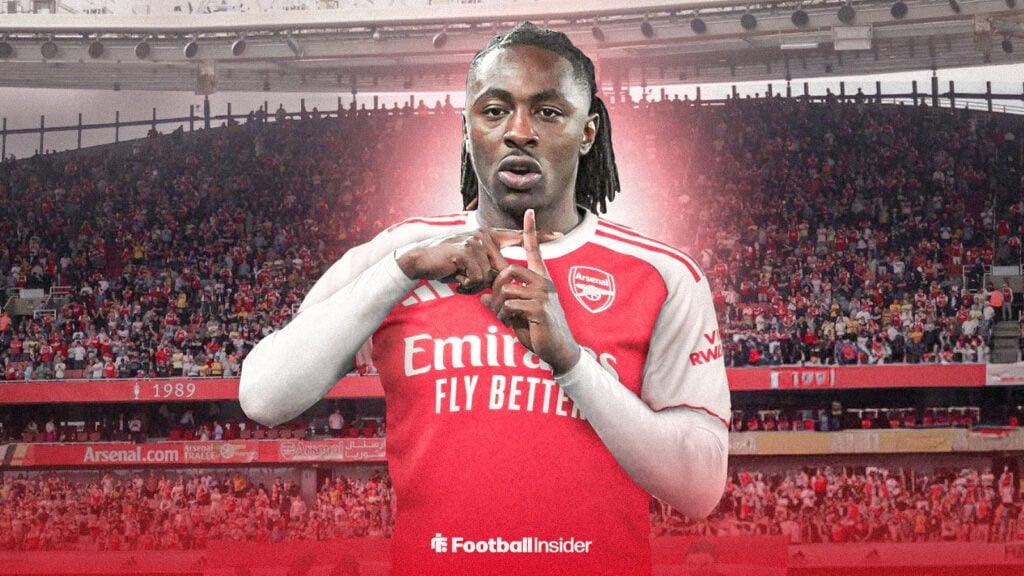 Eberechi Eze in Arsenal kit celebrating scoring a goal