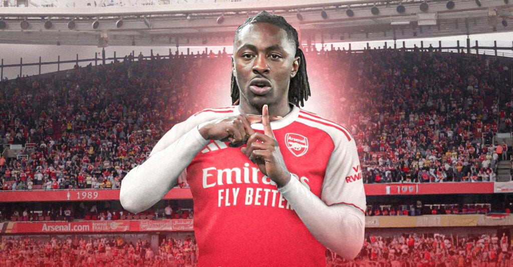 Eberechi Eze in Arsenal kit celebrating scoring a goal