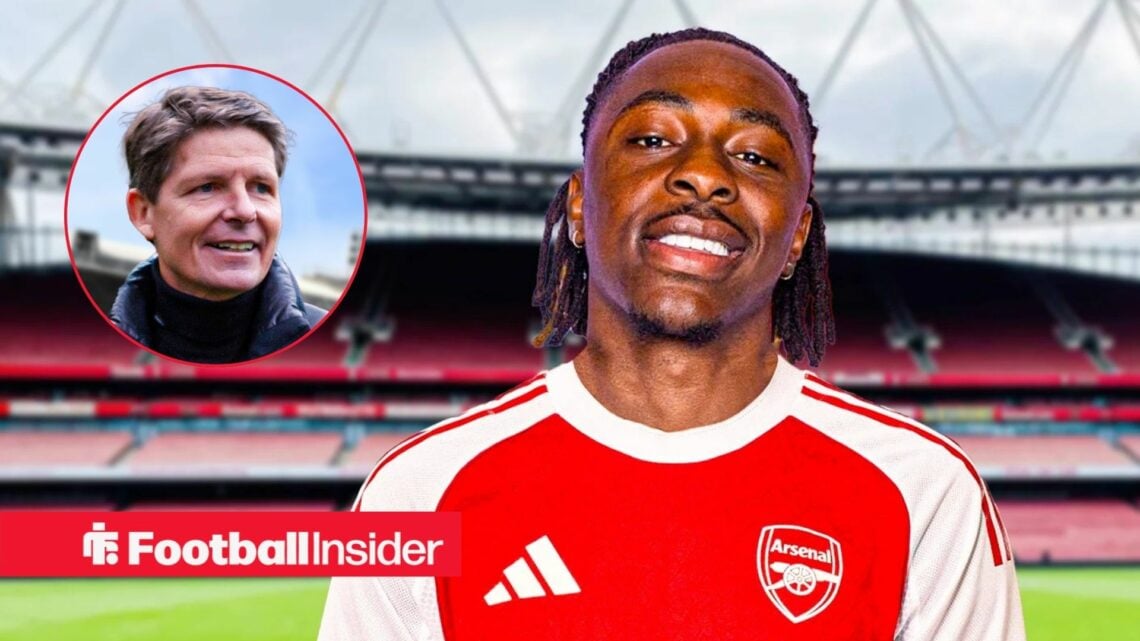 Eberechi Eze in an Arsenal shirt, Oliver Glasner in a circular inset