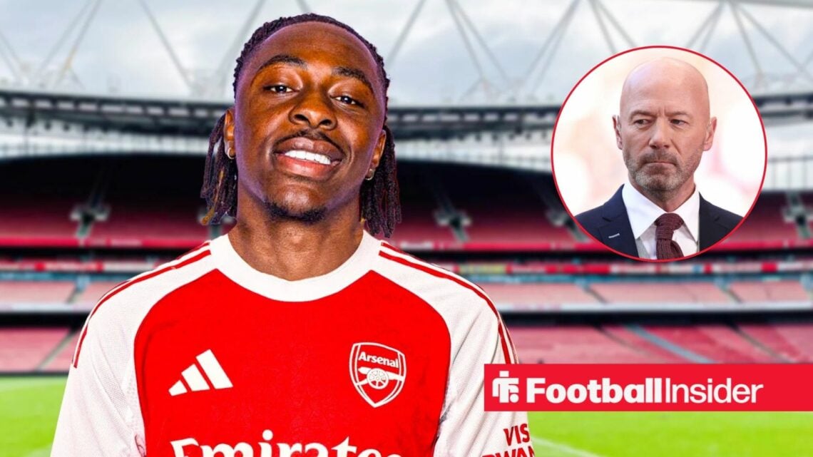 Eberechi Eze in an Arsenal shirt next to Alan Shearer in a circular inset
