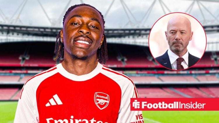 Eberechi Eze in an Arsenal shirt next to Alan Shearer in a circular inset