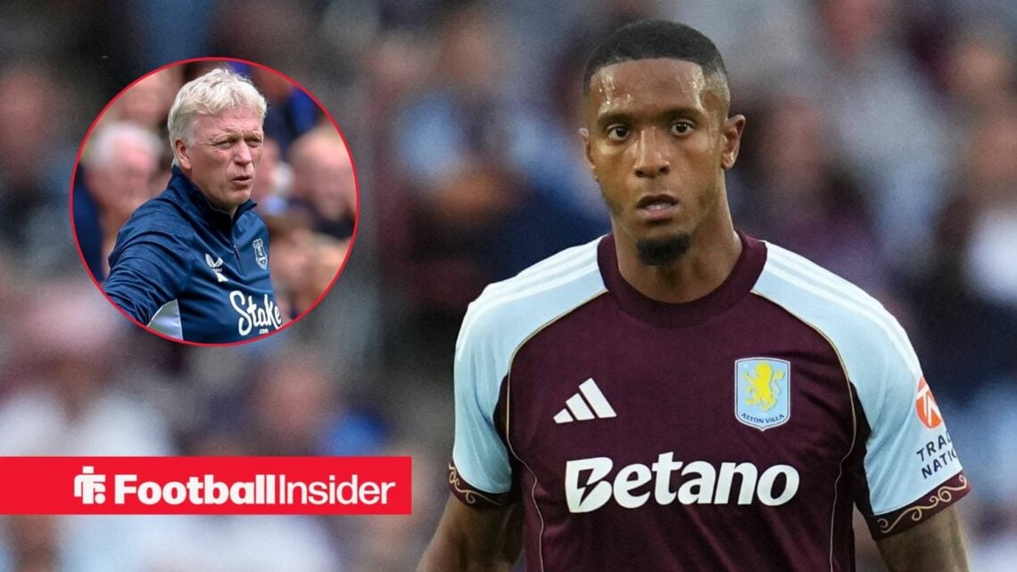 Ezri Konsa in an Aston Villa shirt, David Moyes in a circular inset