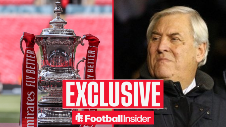 FA Cup trophy on the left with keith hackett next to an exclusive banner on the right looking focused