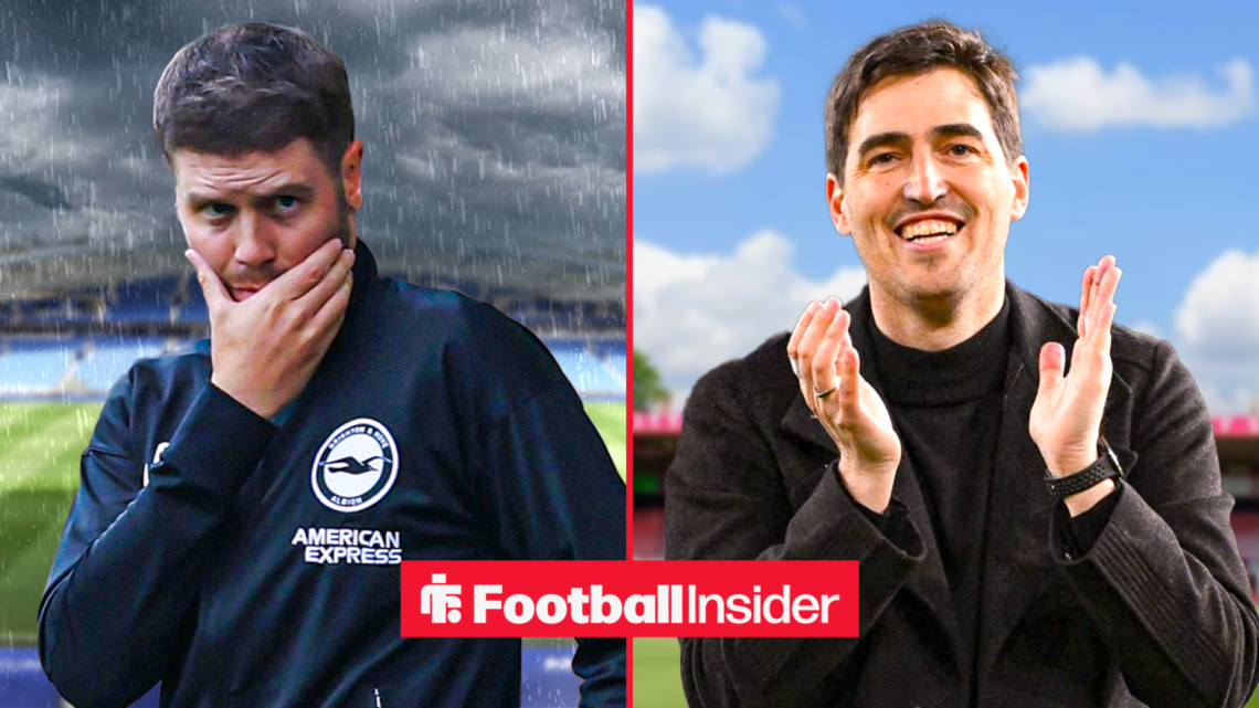 Fabian Hurzeler in the pouring rain, Andoni Iraola happy and clapping
