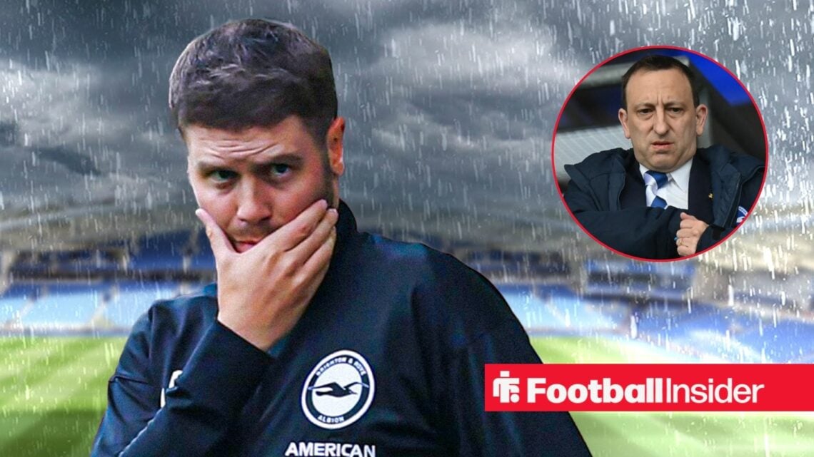 Fabian Hurzeler in the rain at the Amex, with Tony Bloom in a circular inset