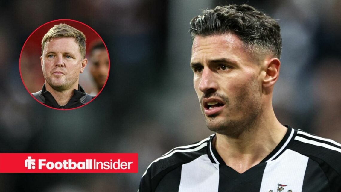 Fabian Schar in Newcastle home shirt with Eddie Howe inset