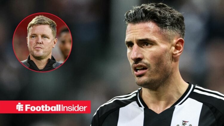 Fabian Schar in Newcastle home shirt with Eddie Howe inset