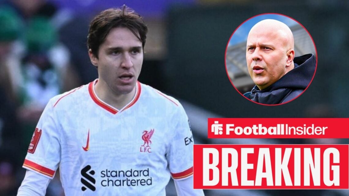 Liverpool's Federico Chiesa on sidelines looking at manager Arne Slot speaking right inset