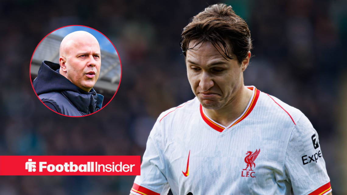 Liverpool's Federico Chiesa looks annoyed at the floor with manager Arne Slot left inset