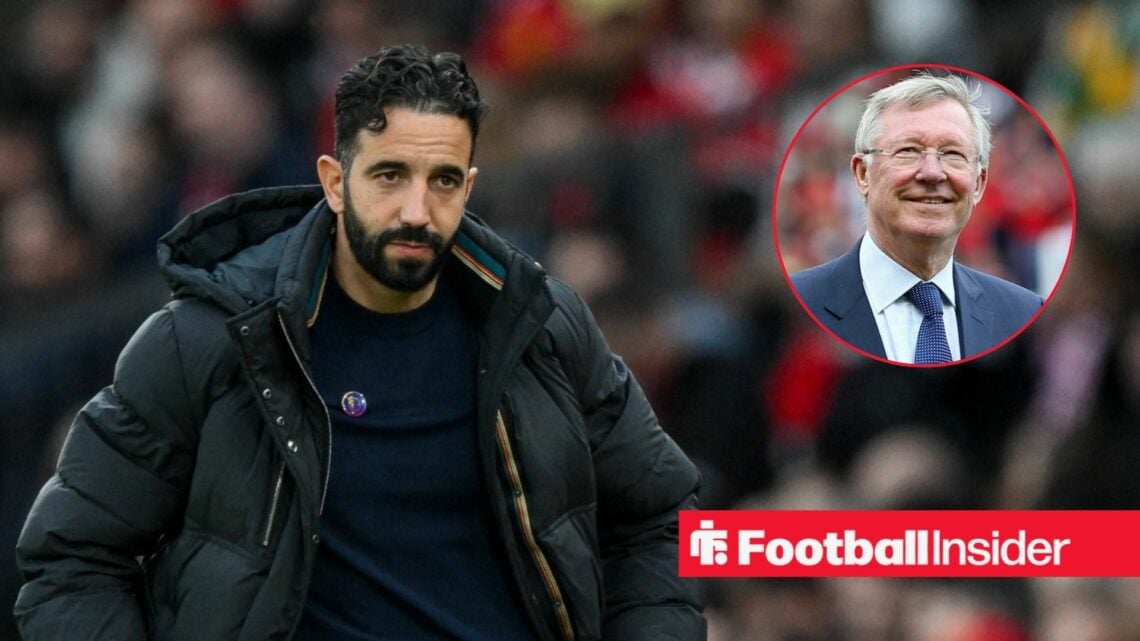 Ruben Amorim looking at Sir Alex Ferguson in a circular inset