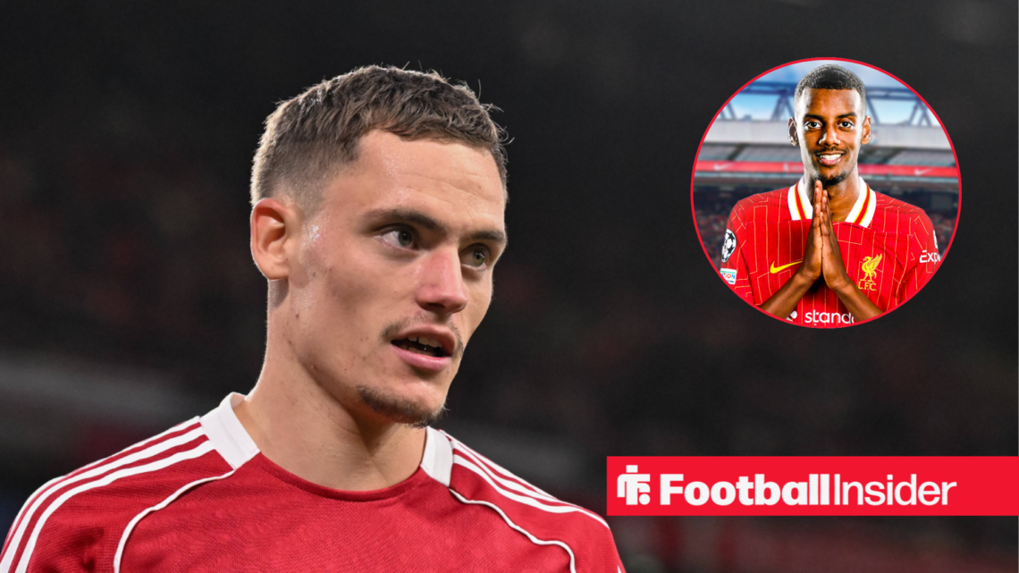 Florian Wirtz in a Liverpool shirt alongside an image of Alexander Isak