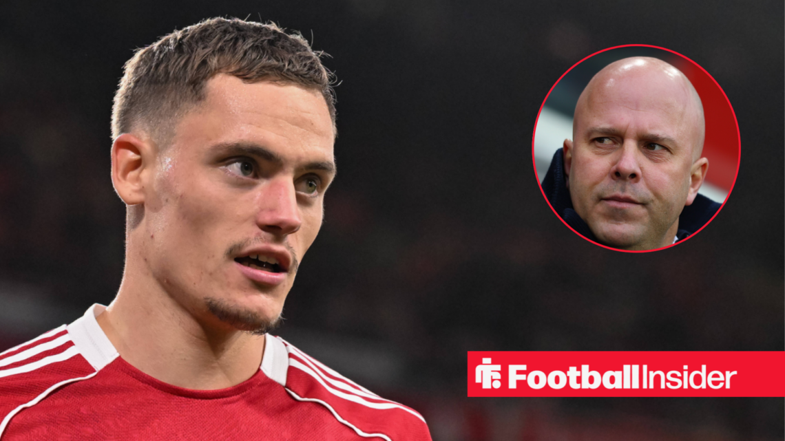 Liverpool forward Florian Wirtz alongside a circular inset of Liverpool manager Arne Slot.