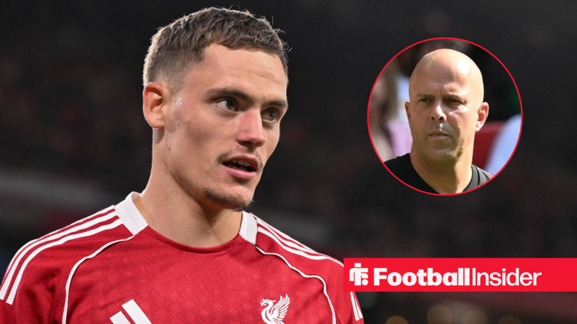 Liverpool's Florian Wirtz in action looking at manager Arne Slot right inset