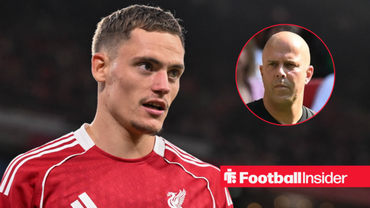 Liverpool's Florian Wirtz in action looking at manager Arne Slot right inset