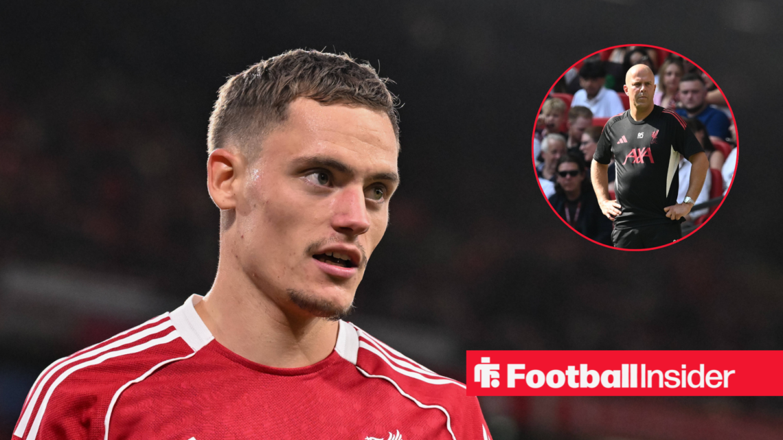 Florian Wirtz in a red Liverpool kit and Arne Slot in a black Liverpool top