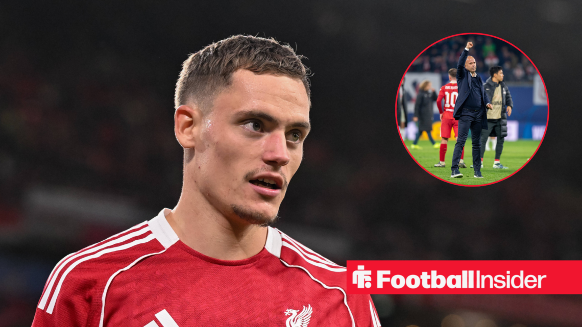 Florian Wirtz in a red Liverpool kit and Arne Slot in a black jacket in a red circle
