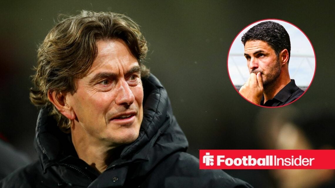 Thomas Frank looking at Mikel Arteta in a circular inset