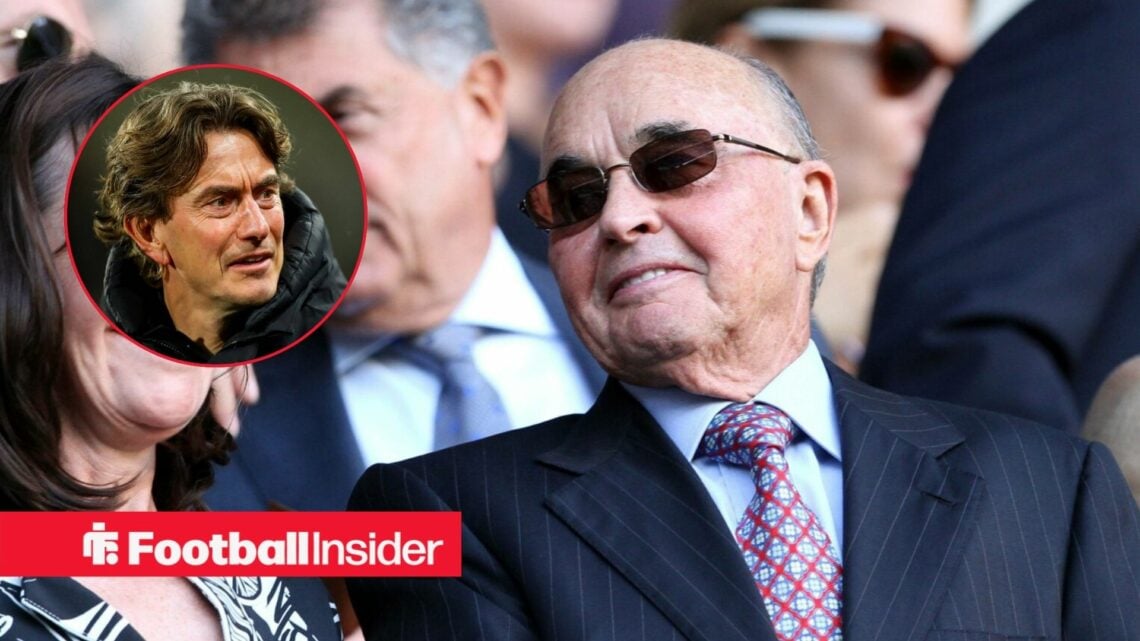 Joe Lewis looking at a circular inset of Thomas Frank