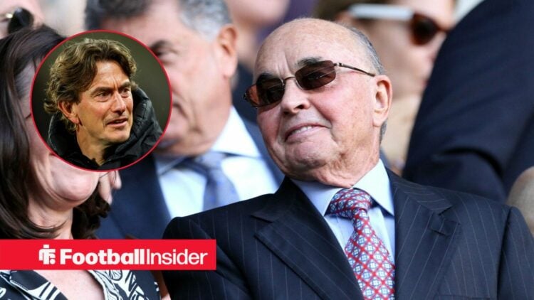 Joe Lewis looking at a circular inset of Thomas Frank