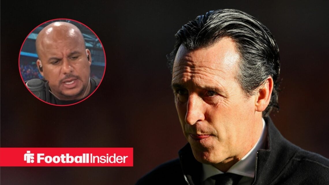Gabby Agbonlahor talking with intent on the left and Unai Emery on the right looking worried with his tongue barely sticking out