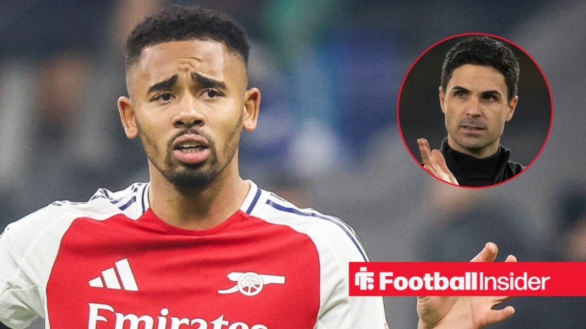 Gabriel Jesus in home Arsenal shirt with Mikel Arteta applauding