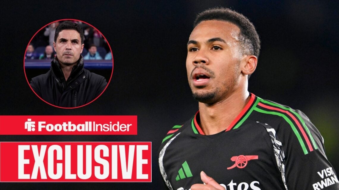 Gabriel Magalhaes in an Arsenal kit, Mikel Arteta in a circular inset