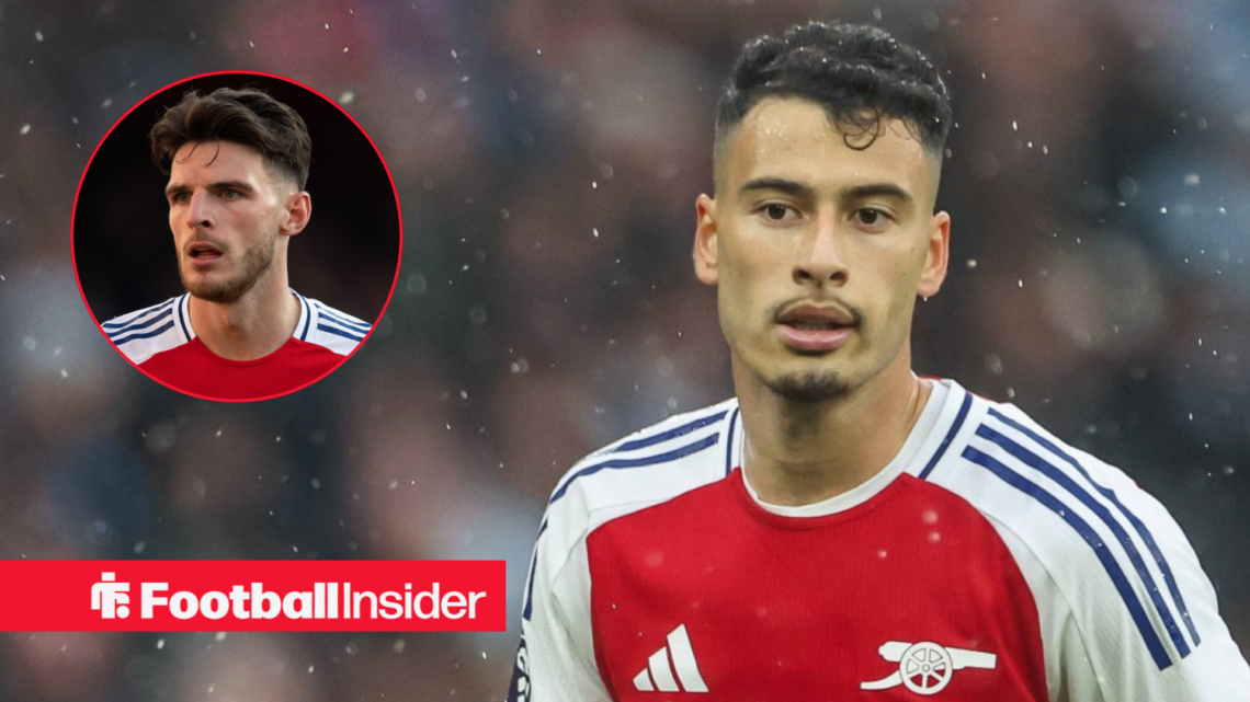 Gabriel Martinelli in Arsenal home shirt with Declan Rice circile inset