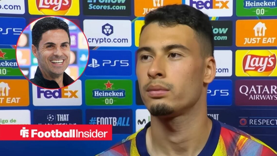Gabriel Martinelli in Arsenal training shirt with Mikel Arteta smiling inset