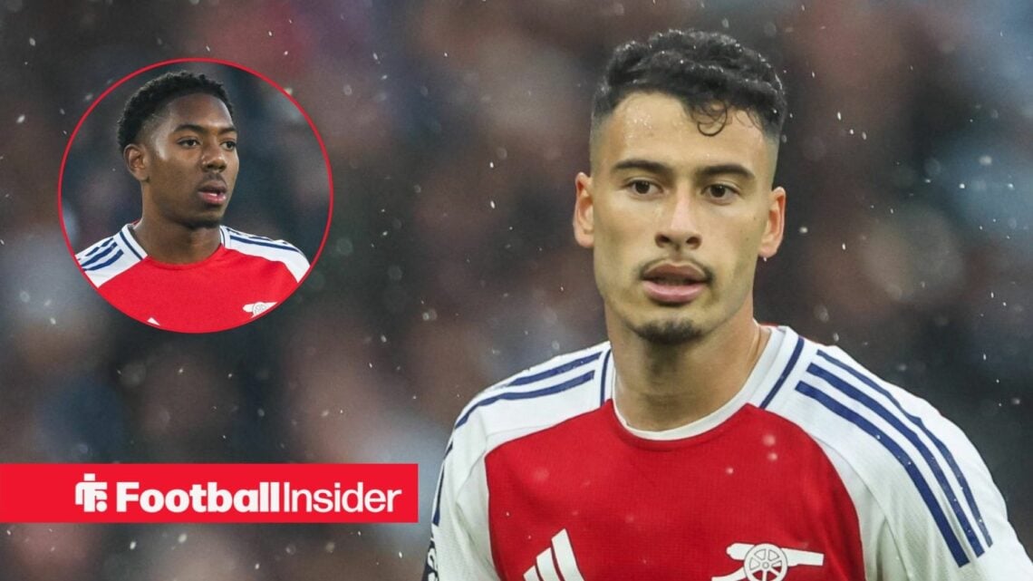 Gabriel Martinelli in Arsenal home shirt with Myles Lewis-Skelly in inset