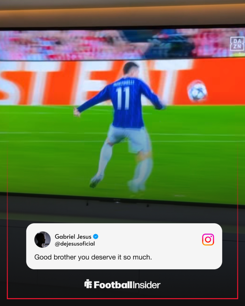 Gabriel Jesus posting Gabriel Martinelli's Instagram story.