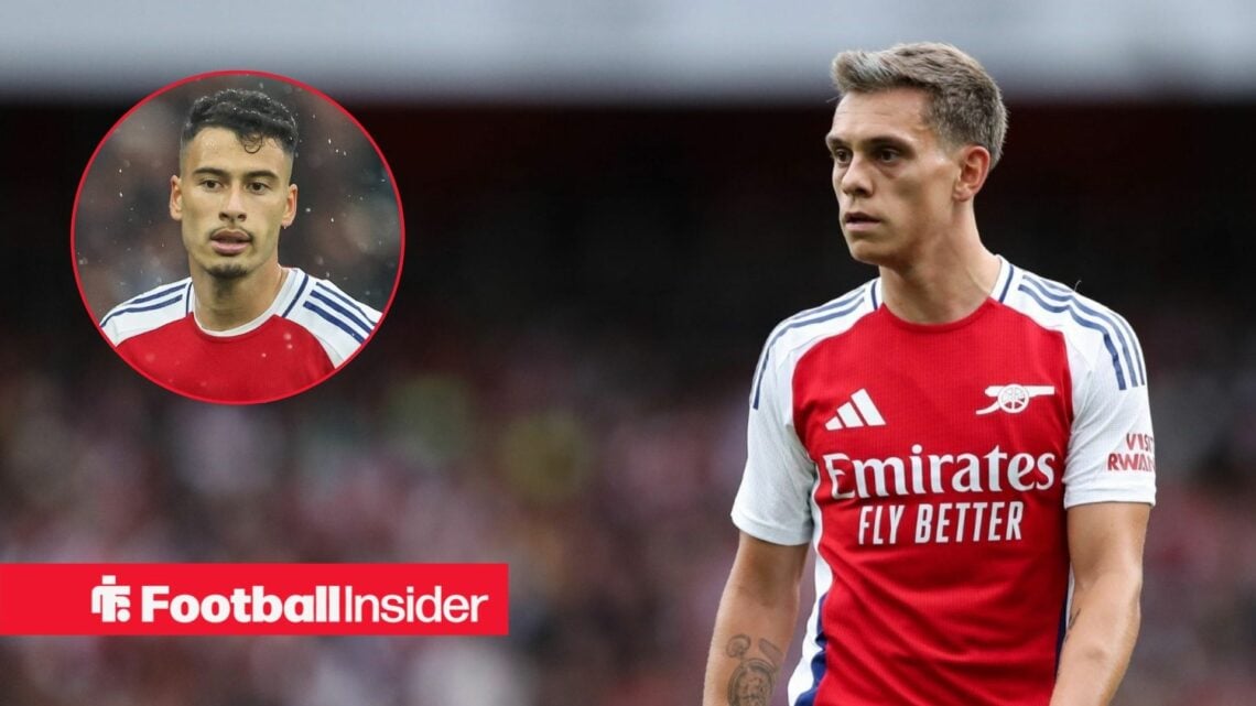 Gabriel Martinelli in a circular frame alongside Leandro Trossard in an Arsenal home shirt