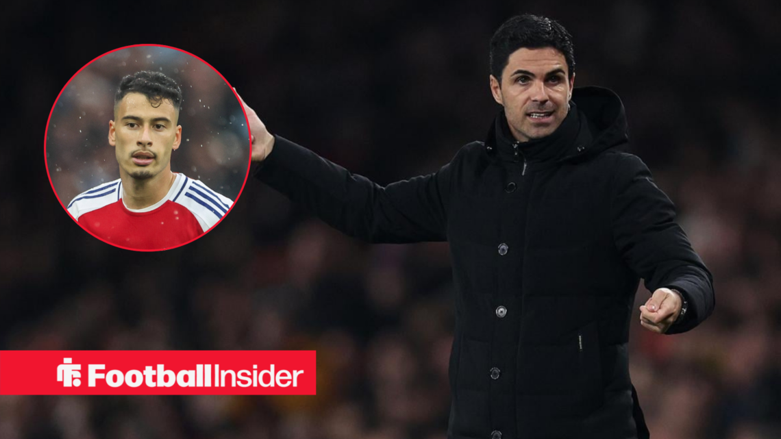 An image of Gabriel Martinelli in a circular frame next to Arsenal boss Mikel Arteta