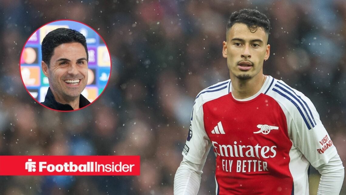 Arsenal winger Gabriel Martinelli in action alongside a circular inset of Mikel Arteta