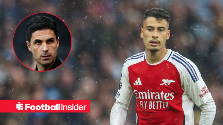 Arsenal winger Gabriel Martinelli, alongside a circular inset of Arsenal manager Mikel Arteta