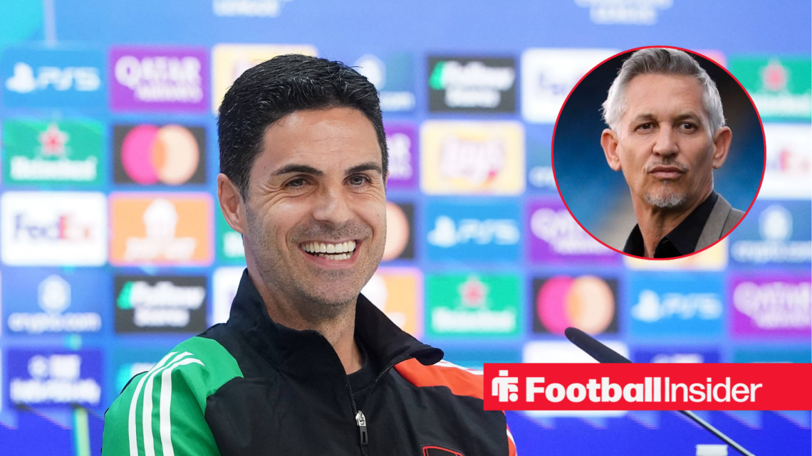 Mikel Arteta in a black tracksuit smiles with Gary Lineker inset