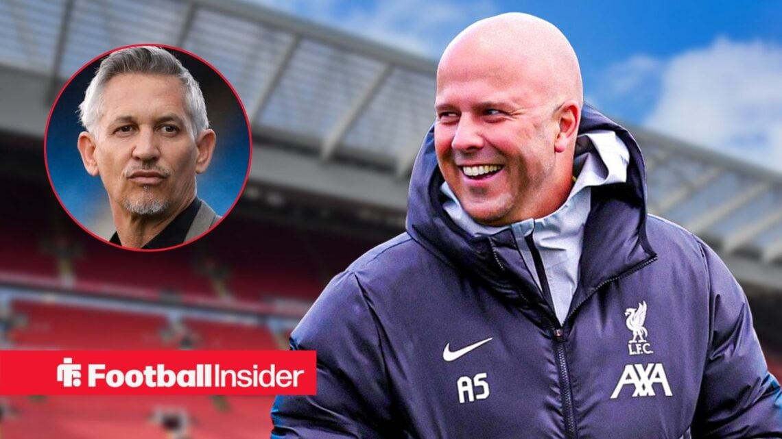 A headshot of Gary Lineker in a circular frame alongside Liverpool boss Arne Slot smiling at Anfield