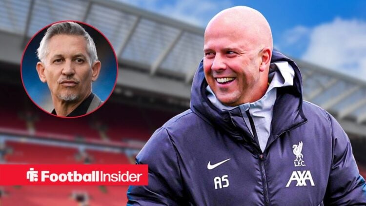 A headshot of Gary Lineker in a circular frame alongside Liverpool boss Arne Slot smiling at Anfield