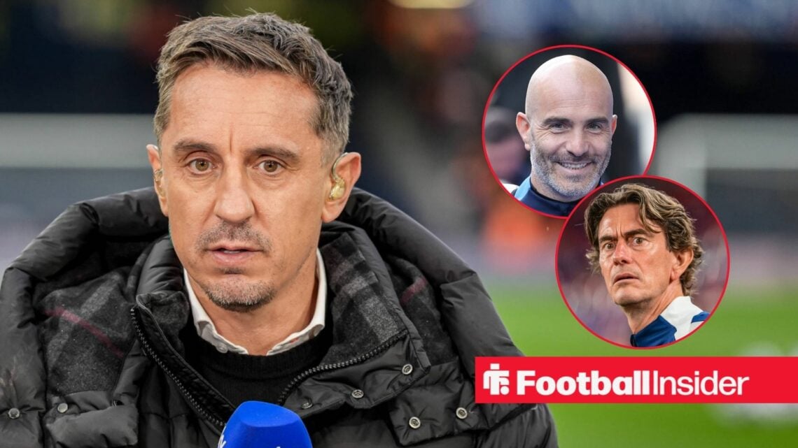 Gary Neville for Sky Sports alongside Enzo Maresca and Thomas Frank insets