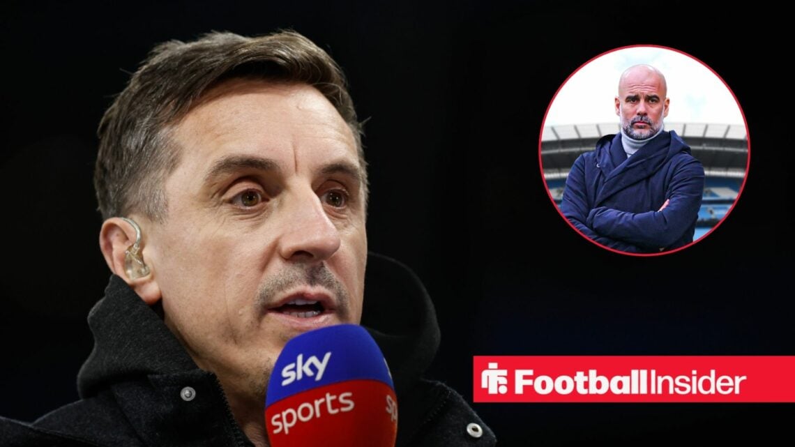 Gary Neville holding a Sky Sports microphone next to an image of Pep Guardiola