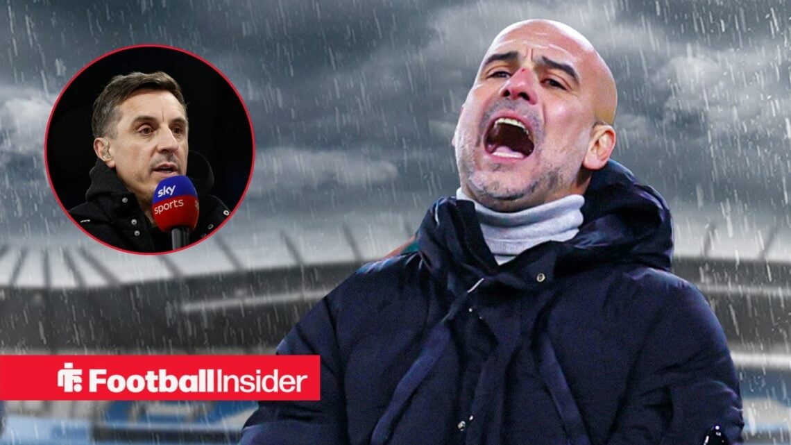 Gary Neville holding a Sky Sports microphone alongside an image of Pep Guardiola looking worried