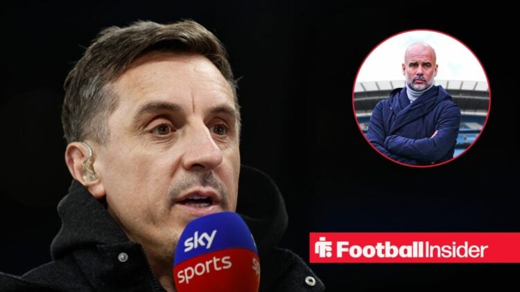 Gary Neville holding a Sky Sports microphone next to an image of Pep Guardiola