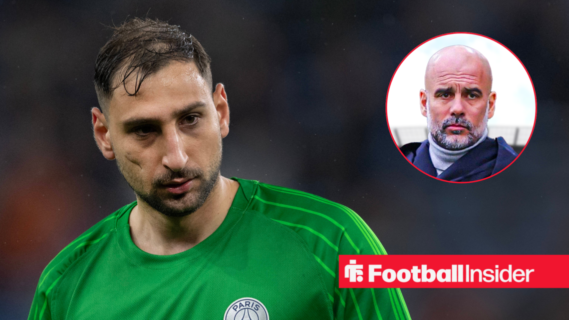 Goalkeeper Gianluigi Donnarumma alongside a circular inset of Man City manager Pep Guardiola