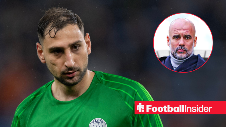 Goalkeeper Gianluigi Donnarumma alongside a circular inset of Man City manager Pep Guardiola