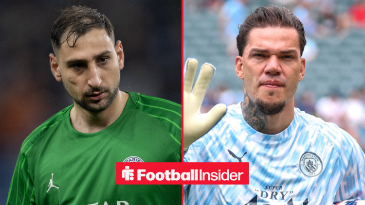 Gianluigi Donnarumma in a PSG shirt alongside Ederson in a Man City shirt