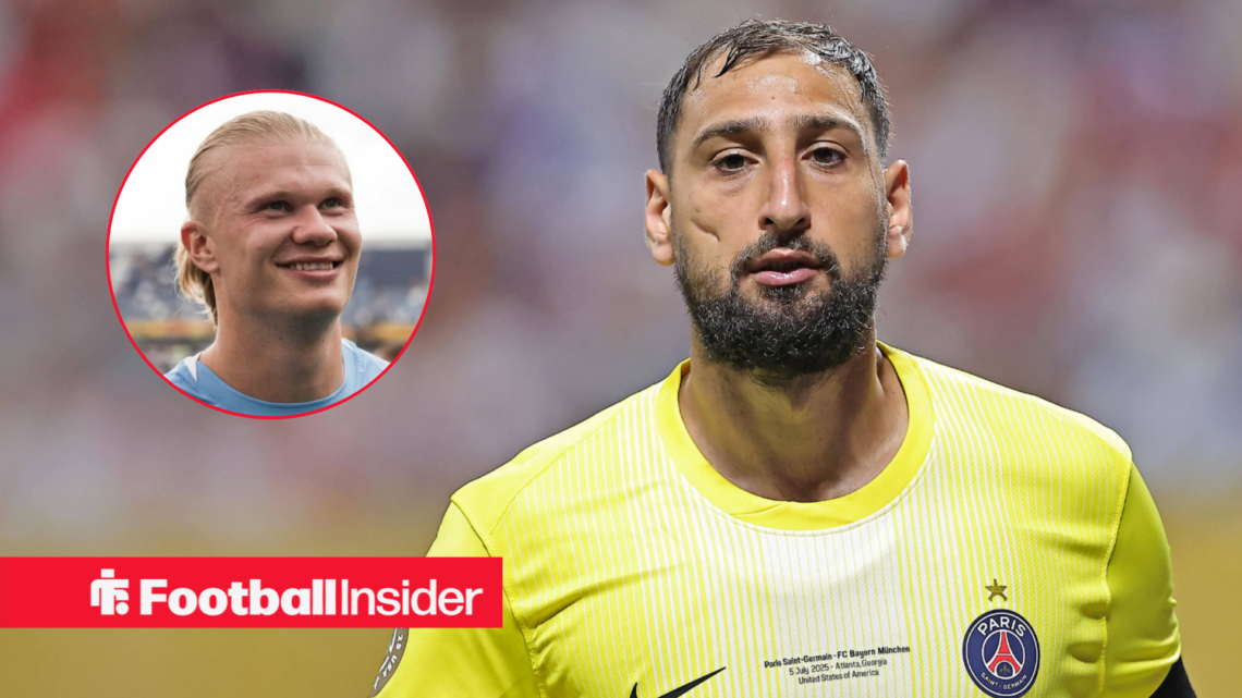 Gianluigi Donnarumma in action for PSG looking at camera with Man City's Erling Haaland smiling at him left inset