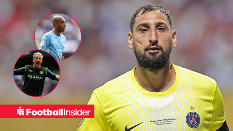 Gianluigi Donnarumma in a PSG shirt, Joe Hart and Fernandinho in circular insets