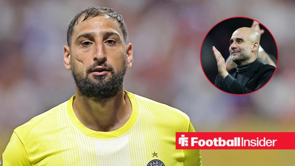 Gianluigi Donnarumma in PSG kit with Pep Guardiola applauding