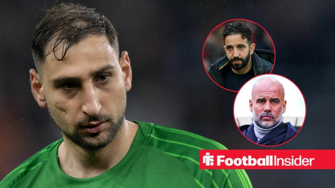 Man City's Gianluigi Donnarumma while in action for PSG with City boss Pep Guardiola and Ruben Amorim